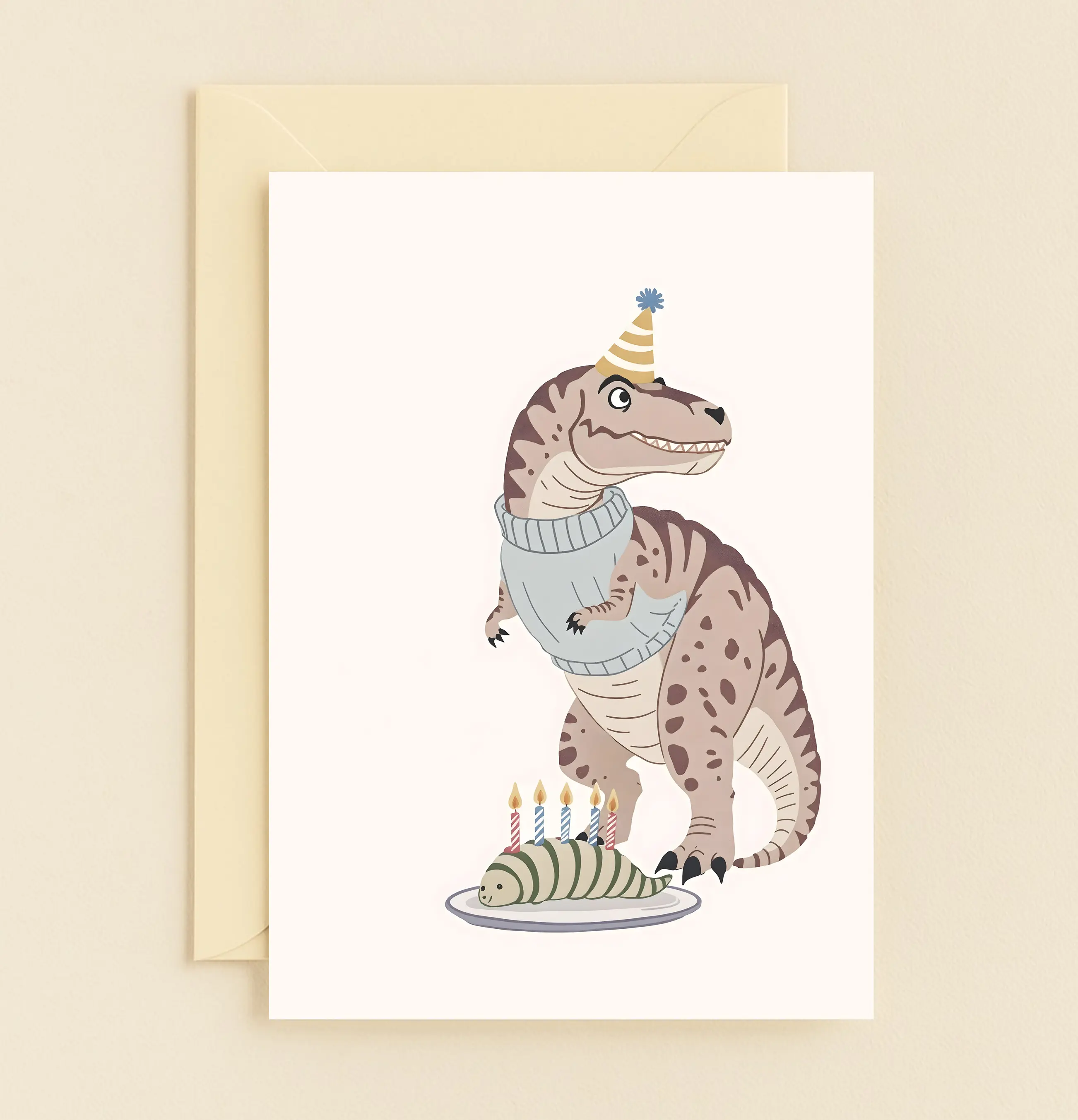 Dinosaur Birthday Card with Party Hat Cake Cute Illustration