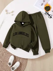 Boys' Fashion Casual Fall Winter Letter Print Hoodie Sweatshirts Sweatpants Set, Warm Fleece Lined Hoodies Pullover, Comfortable Thick Long Pants, Ideal Gift