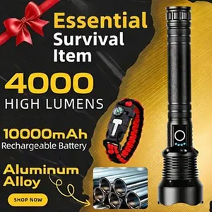 TAZTIR 4000-Lumen P70 LED Flashlight With Survival Bracelet, 10, 000mAh Rechargeable Battery, And 5 Modes; Handheld Torch; IPX7 Waterproof Aluminum Alloy Flashlight For Camping, Outdoor Activities, Home Use, And Spring Cleaning; Mother'S Day Gifts.