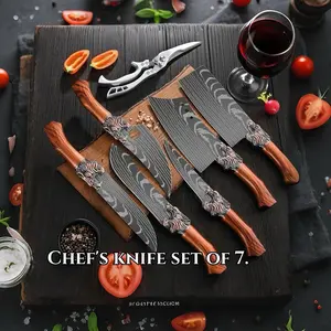 7-piece set - Damascus pattern kitchen knife set, thickened stainless steel chef knife, suitable for kitchen cooking, chopping bones, cutting meat, cutting Block Thin Multicolor Knife Set with super sharp High Carbon Steel Butcher masakan  rumahan