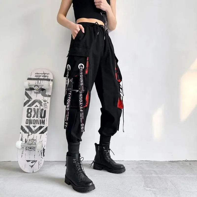 Women's 2023 High-Waist Asian Cargo Jogger Bottoms - Lady Elastic Harem Pants, Harajuku Punk Streetwear with Chain, Utility Pockets, Casual Sports Bottoms kx8100, Asian Size, Xxl, Clothes, Female