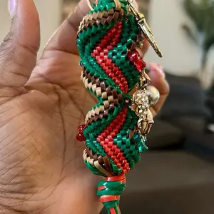 Stylish Handmade Luxury Fashion Keychain - Brown, Green, Red Boondoggle Bag Charm with Large Bee Charm. Fun Keychains for Accessory Enthusiasts