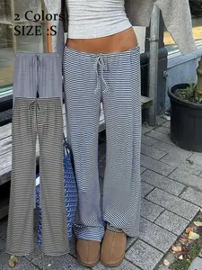 Women's Striped Print Drawstring Waist Straight Leg Pants, 2 Counts Ladies Bottoms for Summer