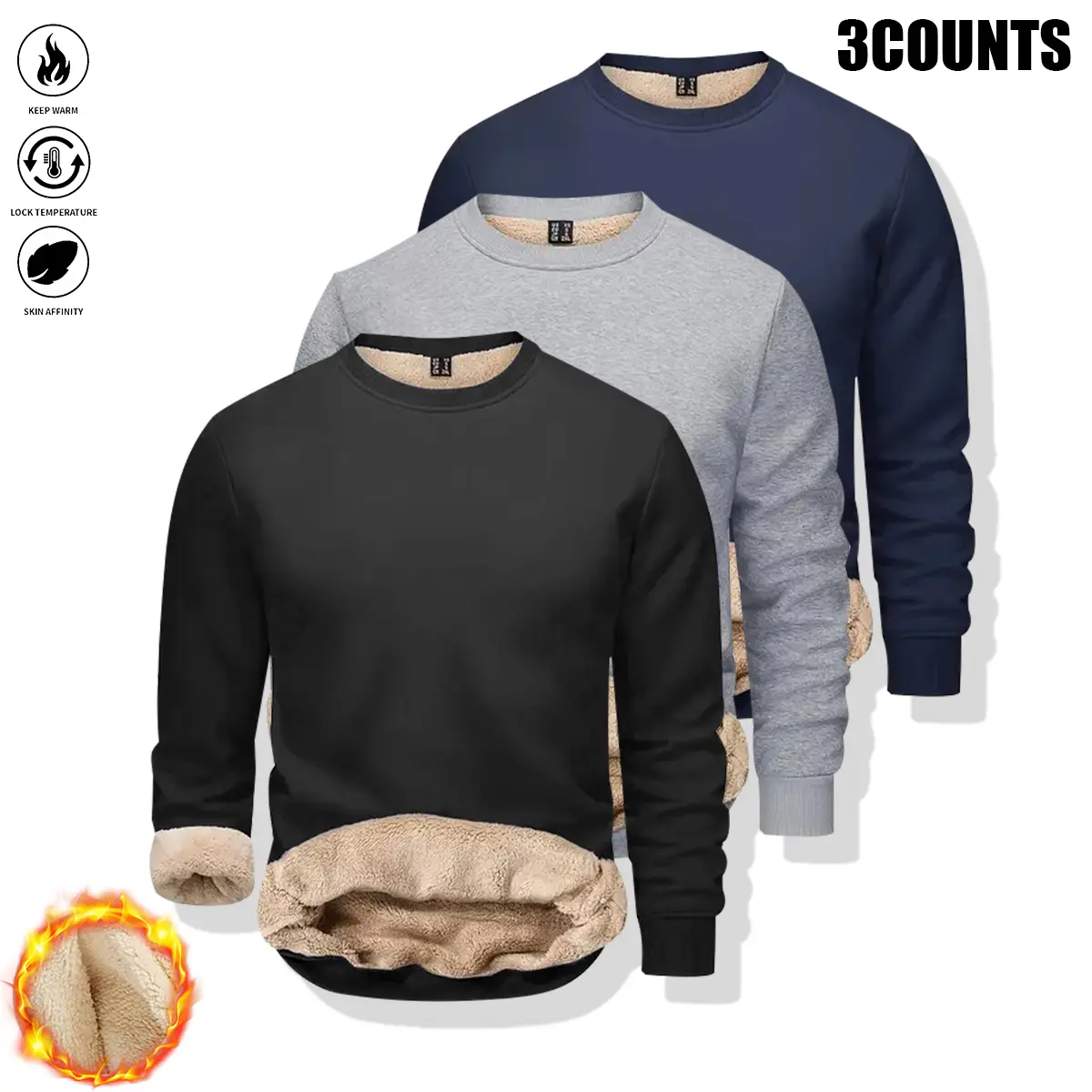 3-pack men’s fleece-lined thermal base layer shirts, long-sleeve compression undershirts with thickened fleece for sports, suitable for fitness, cycling, jogging, and everyday warmth layering
