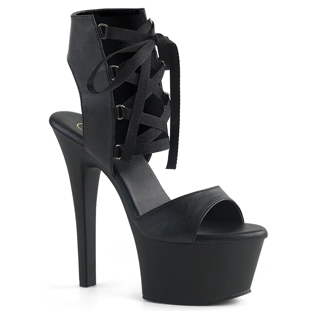 Pleaser Aspire-600-14 Women's Black Vegan Leather Platform Heels, Lace-Up Ankle Sandal with 6" Heel & 2 1/4" Platform, Black Heels, Shoes