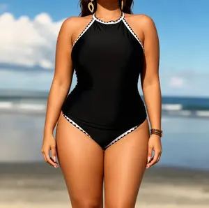 Plus Size Black Halter One-Piece Swimsuit with White Crochet Trim - High-Neck Monokini with White Zigzag Crochet Piping on Neckline and Leg Openings, Tummy Control, Flattering for Curvy Women Summer Vibes