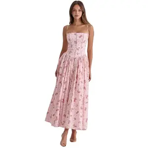 Floral Print Corset Bodice Cami Maxi Dress for Women's 2026 Summer New Arrival Spaghetti Strap Square Neck A Line Flowy Casual Elegant Dating Bridesmaid Party Dating Club Dresses