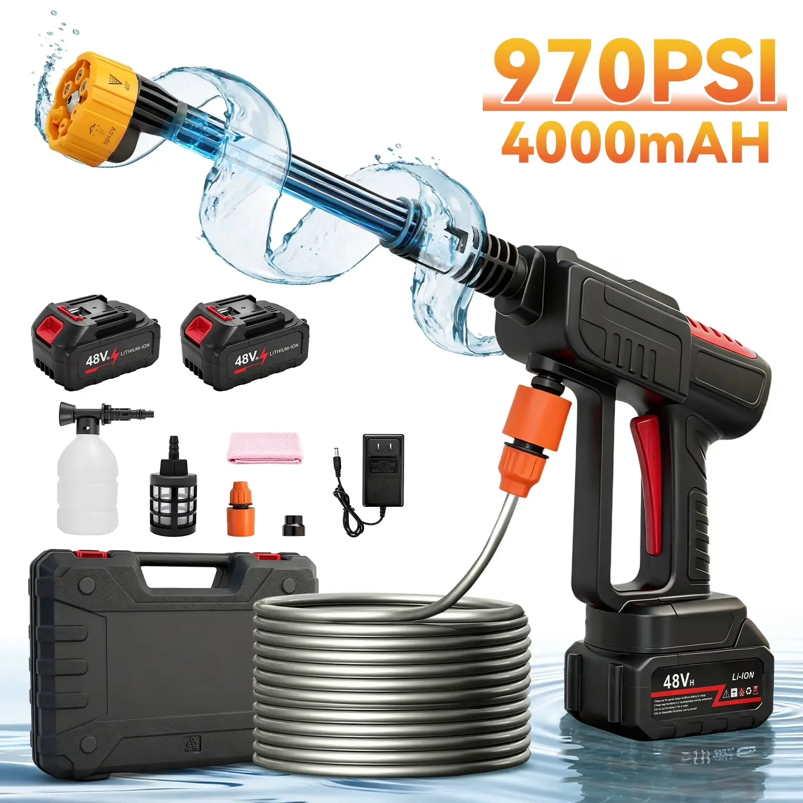 Cordless Pressure Washer, 970PSI Portable Power Washer with 2 x 4.0Ah Rechargeable Batteries and 6-in-1 Adjustable Nozzle for Cars, Patios