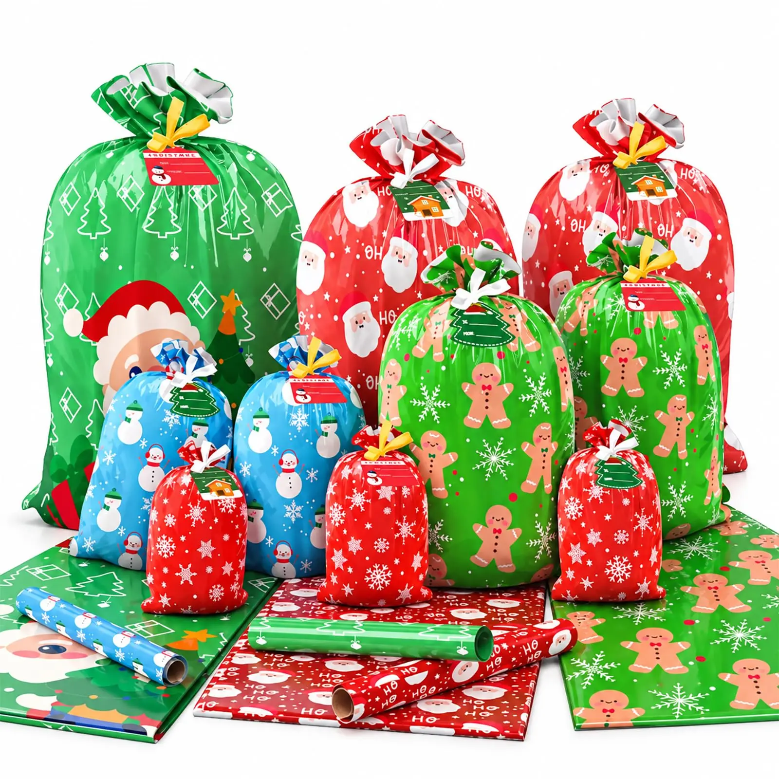 BlessedSeason 22PCS Gift Bags Set, 5 Styles Bags for Gifts, Holiday Reusable Santa Gift Bag (3 X-Large, 3 Large, 5 Medium, 5 Small, 6 Mini) & 22 Cards & 40 Ties & 16 Ribbons