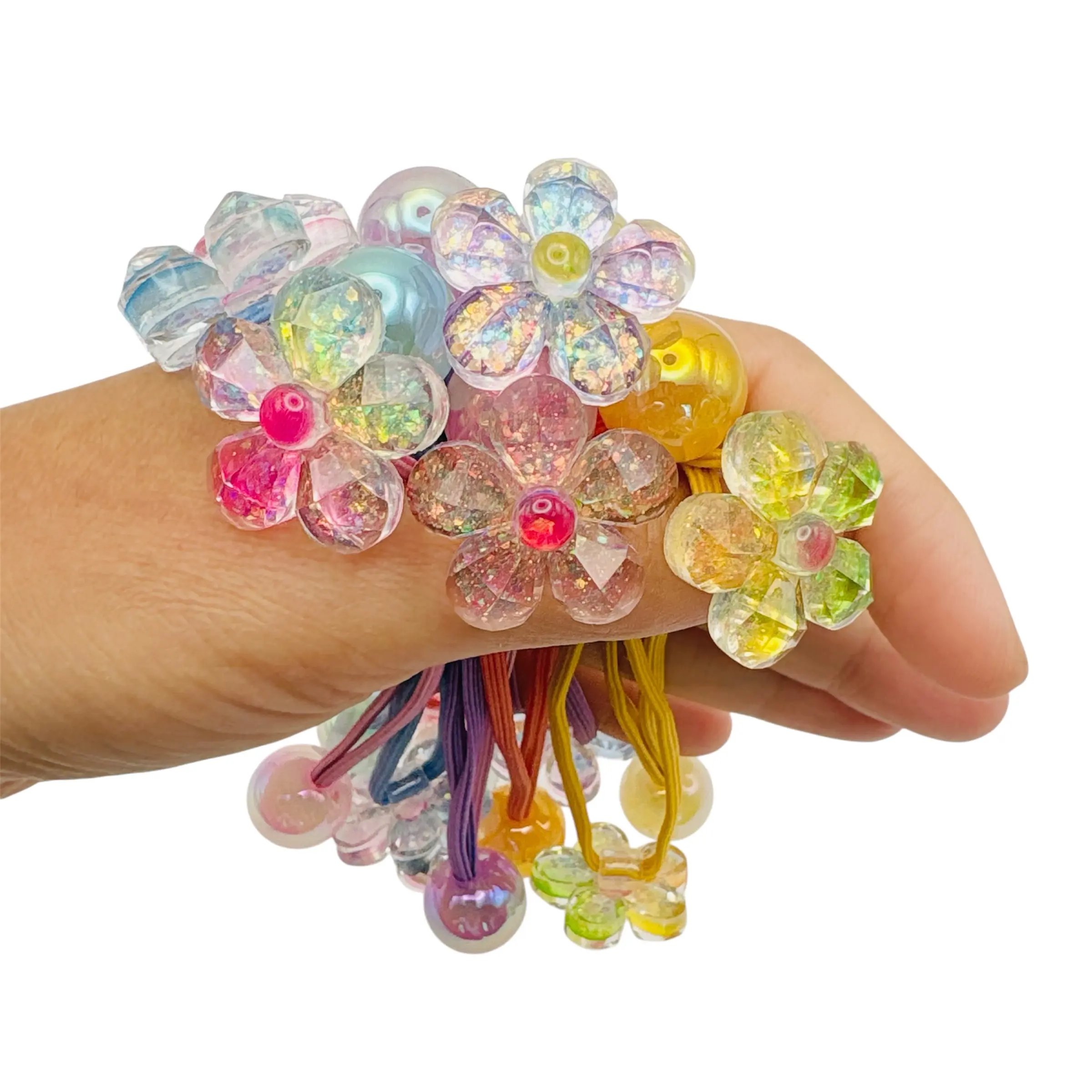 10 Pieces Crystal Flowers Hair Ties Elastic Ponytail Holders Fashionable Beaded Hair Accessories for Girls Sweet Women Iridescent Holographic Finish