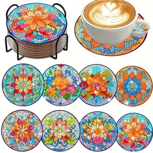 8-Piece Diamond Painting Set with Stand, Creative Floral Coaster Set, Sparkling Diamond Art Wooden Mosaic Craft Kit
