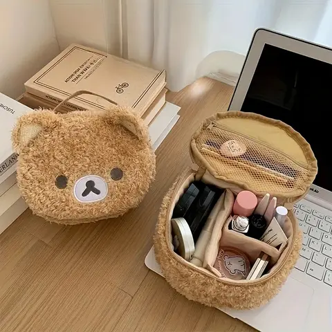 Cute Plush Bear Makeup Bag for Women, Portable Travel Organizer with Cute 3D Design, Embroidery & Mesh Pockets, Light, Cosmetic Bag