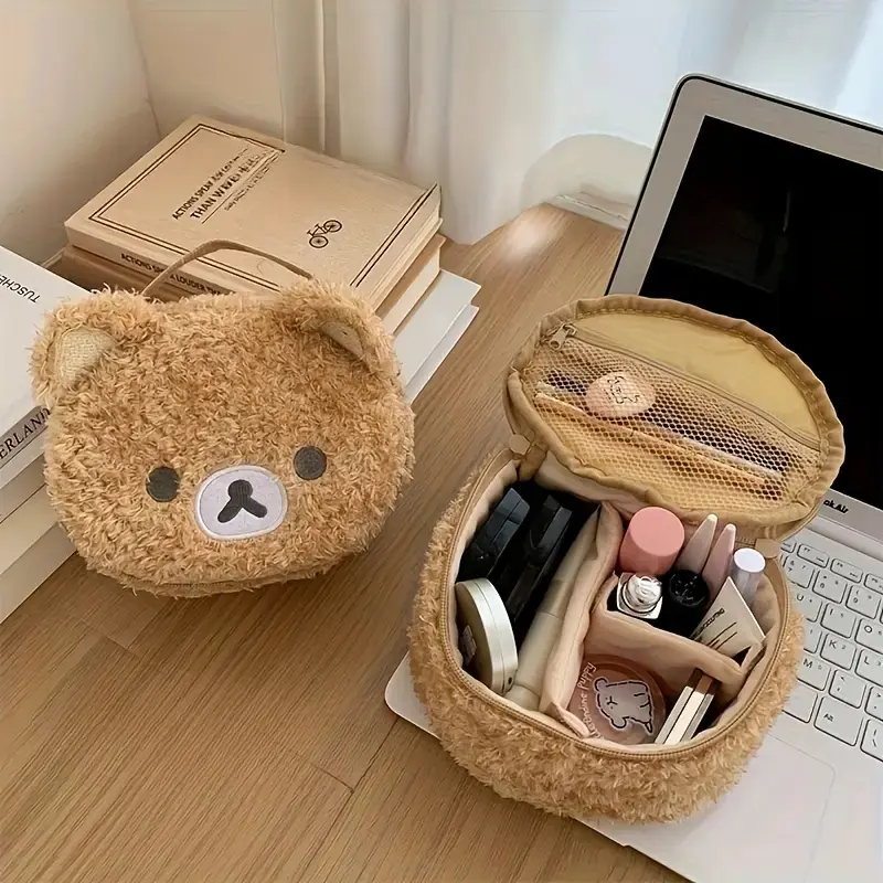 Cute Plush Bear Makeup Bag for Women, Portable Travel Organizer with Cute 3D Design, Embroidery & Mesh Pockets, Light Makeup Pouch