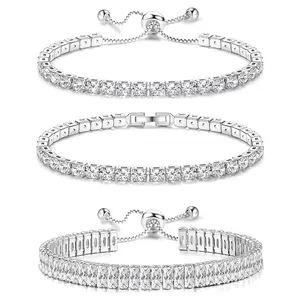 3PCS Tennis Bracelets For Women - Silver Plated Bracelet Stack Cubic Zirconia CZ Diamond Adjustable Stackable Bracelets Set For Prom Wedding Jewelry Gift