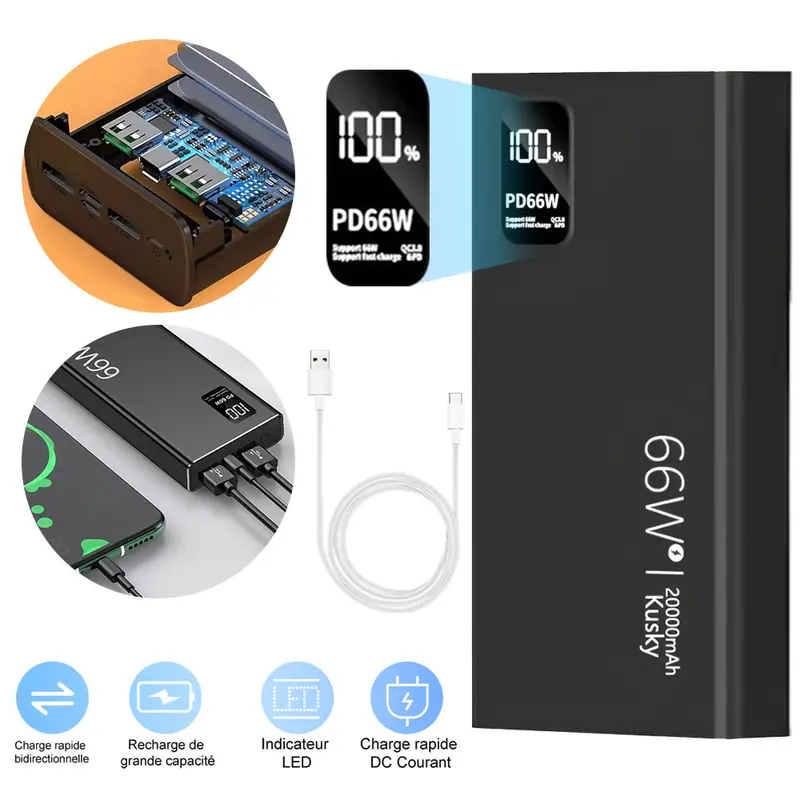 Power Bank – USB-C Portable Charger with Built-In Cables, LED Display, Micro USB & Type-C Input