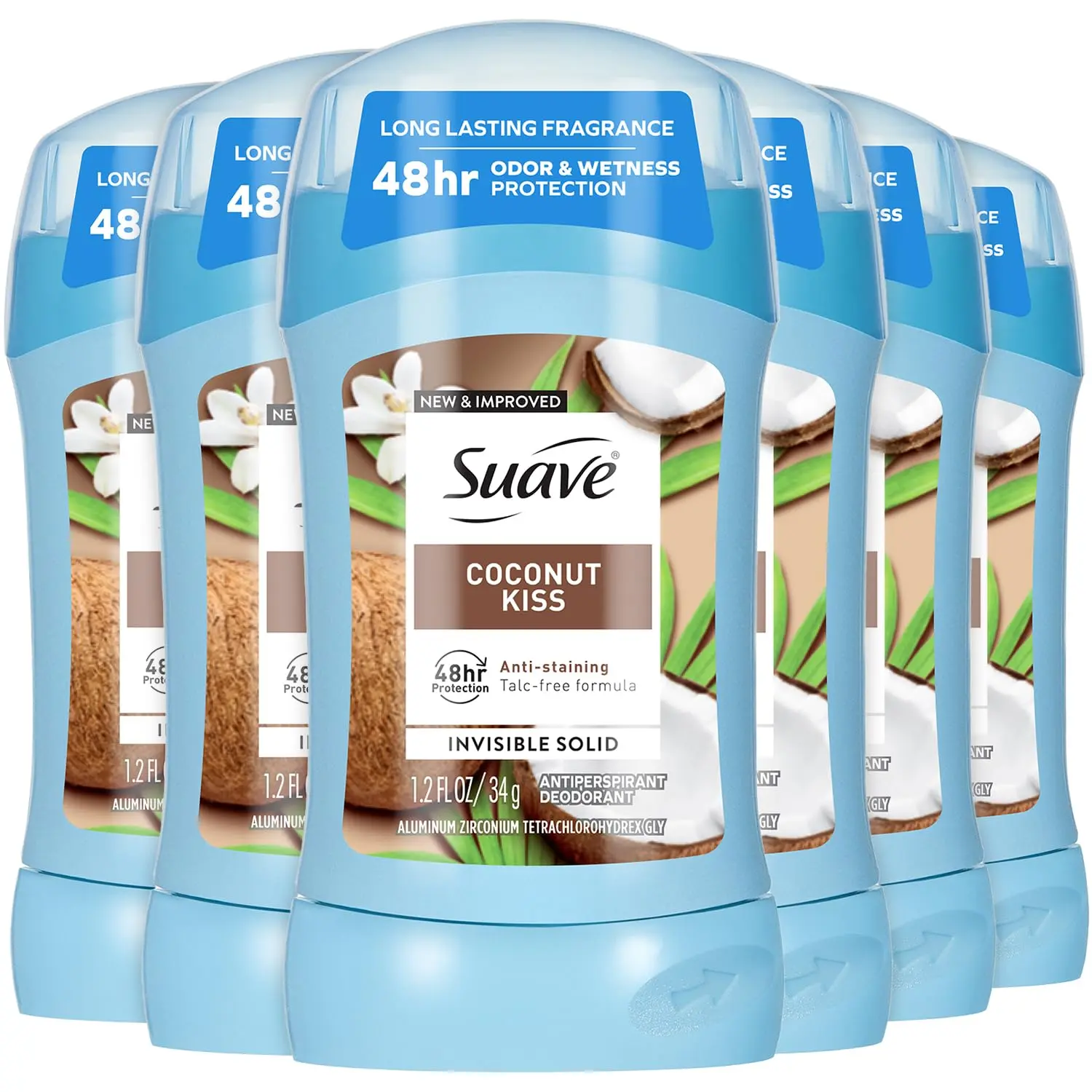 Suave Antiperspirant Deodorant for Women, Coconut Kiss 6-Pack – Anti-Staining Invisible Solid Sticks, Talc-Free, 1.2 Oz Ea