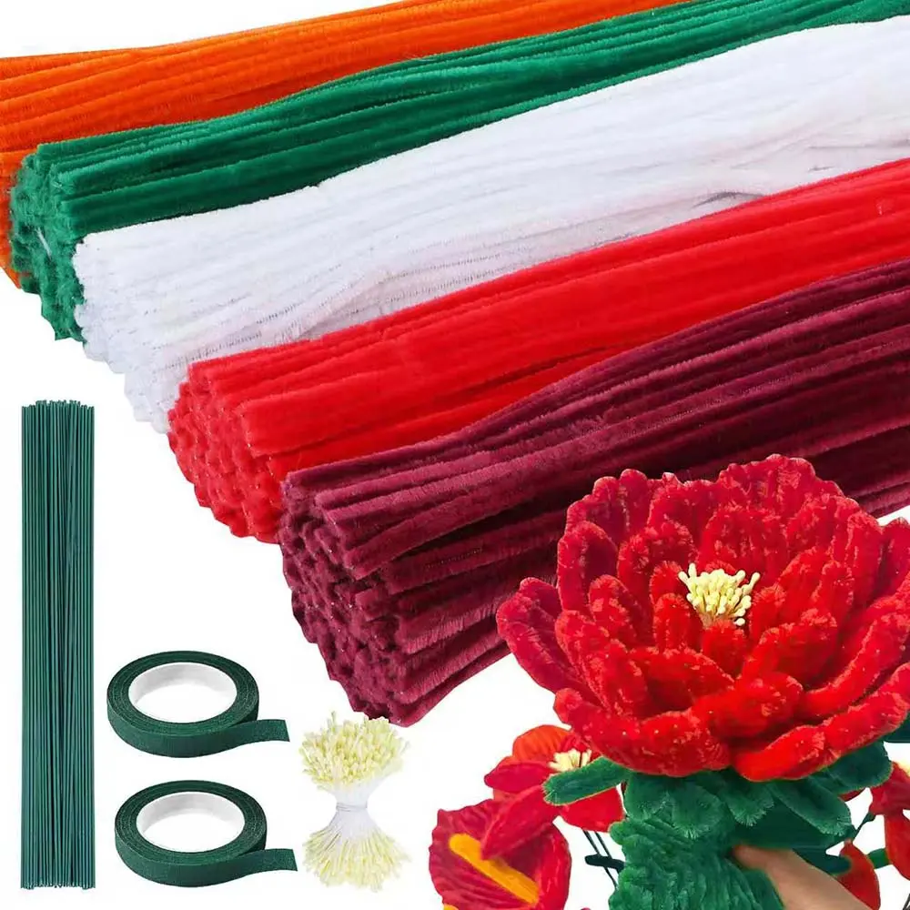500-Pcs Colorful Flower Pipe Cleaners Craft Kit, 5-Color Red Pipe Cleaners Bulk with Stem Tape & Stamens for DIY Handmade Bouquet Wrapping, Party Decorations