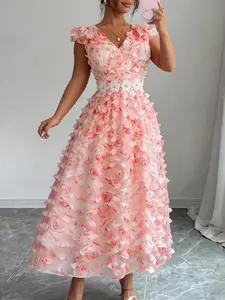 Women Long Sleeveless Formal Party Dresses Ruffles 3D Flower A Line Elegant Wedding Guest Celebrate Sweet Dance Occasion Gowns