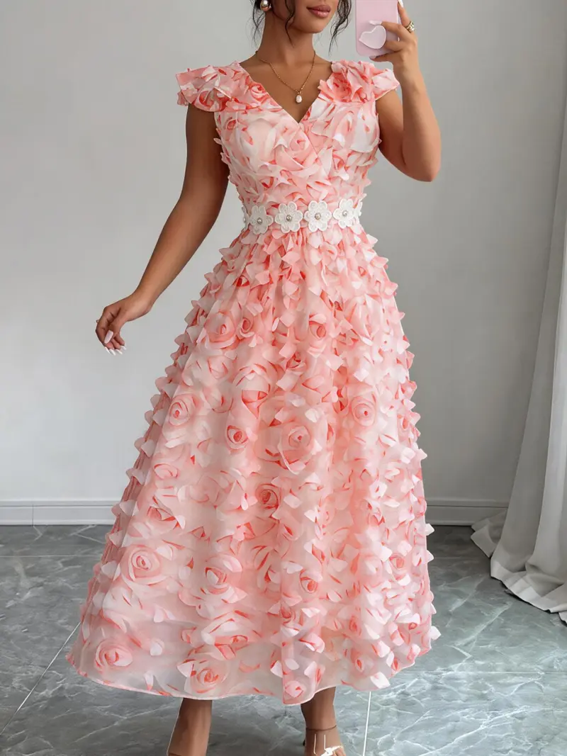 pink flowy lrom dress with flowers - TikTok Shop