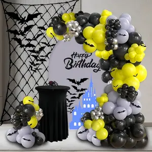 143pcs Bat themed party balloon arch set, 10 inch 5-inch retro haze gray black yellow latex balloons paired with 3D Bat sticker set, perfect for Bat themed birthday parties, Halloween parties, and quirky party decorations