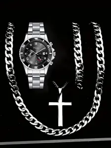 Men's Casual Business Fashion Watch Set with Two Necklaces and One Bracelet, Perfect Gift for Daily Holidays Birthdays Father's Day, Men Jewelry