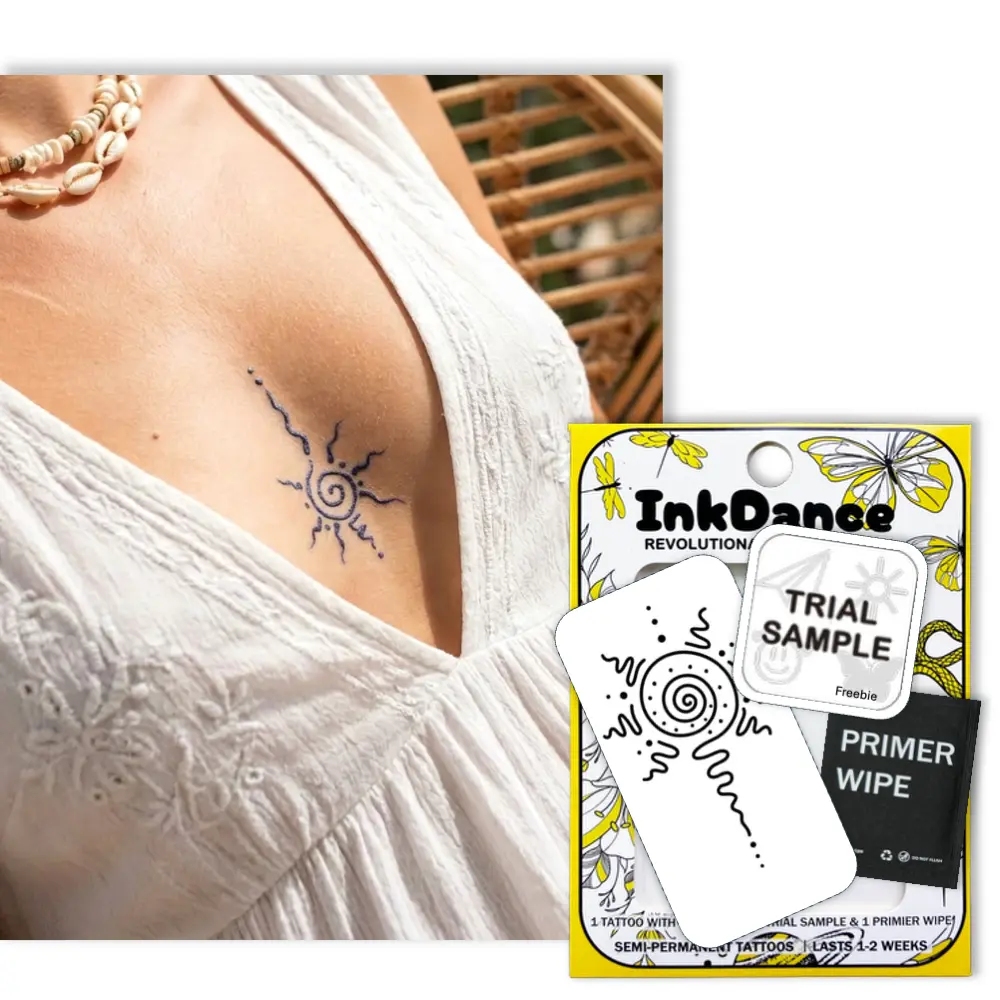 InkDance Semi-Permanent Tattoo, Mystic Sun Spiral, Boho Sun, Long Lasting Temporary Tattoos, Waterproof Plant-Based Ink, Lasts 1-2 Weeks, Color Develops in 24 Hours X204