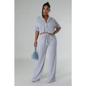 Chic Fashion Women's Two-Piece Set - Solid Color Short Sleeve Shirt & Wide Leg Pants - Green Beige Minimalist Design - 2025 New Women's Wear Collection - Fit & Stylish Casual Spring Top & Pants Suits