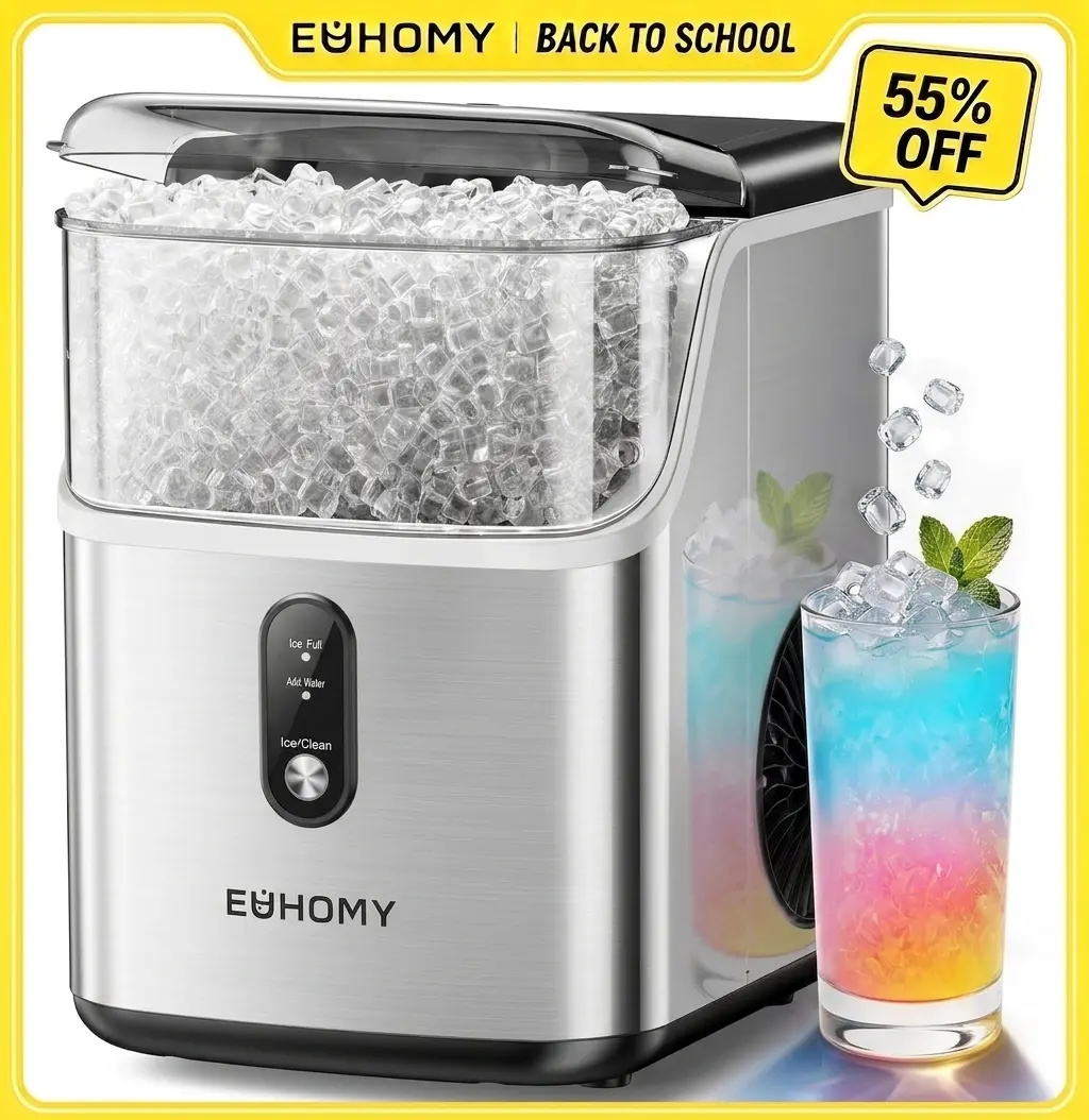 【Back To School】EUHOMY Nugget Ice Makers Countertop, Pebble Ice Maker Machine with 35lbs/24H&33lbs/24H Soft Ice, Self-Cleaning Sonic Ice Maker with Ice Scoop&Basket,  Utensils, Pellet Ice Maker for Home/Kitchen/Office