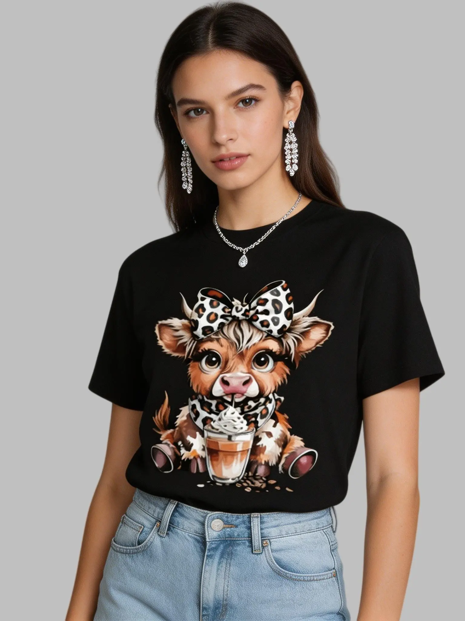 Women's Plus Size T-Shirt, Casual Loose Crew Neck with a Highland Cow Coffee Lover Graphic, Soft Cotton Short Sleeve Everyday Style Top, Shortsleeve, Cap Sleeve, Easter, Valentines Day, Plus Size Basics, Cropped, Cute, Tshirt, Loose-Fit, Leopard, Bow, Do,
