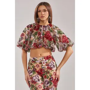 ENCHANTED GARDEN FLORAL EMBROIDERED TULLE TOP