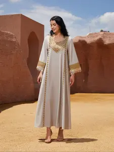 Women's Luxury Arabic Embroidered V Neck Dress, Vintage Middle Eastern Style, Sequins Patchwork, Long Tassel Hem, Pure Color Robe Jalabiya, Fashion