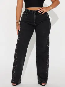 Women's "Always Shining" Rhinestone Jeans - Black Wash High-Stretch Denim with Sparkling Rhinestone Embellishments for Versatile Wear - Bottom, Womenswear