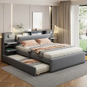 Queen Size Upholstered Platform Bed SF000187AAE with Reading Lights Drawers Trundle and Shelves Gray Linen Material 84.60L x 96.50W x 38.80H Inches