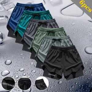 Men's 6-Pack Double-Layer Design Sports Shorts, featuring a loose outer layer paired with a snug lining, breathable and quick-dry for running, workouts, and everyday casual wear