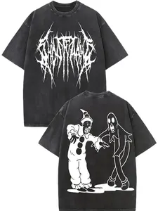 Men's  washed pure cotton t-shirt, with printed patterns on the front and back - loose fit, fashionable, with an oversized retro style, suitable for casual wear.