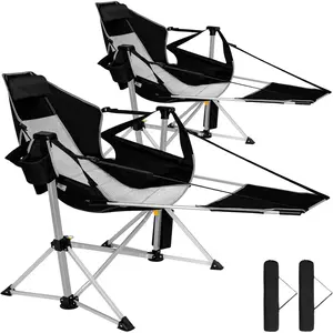 2-Pack Aluminum Hammock Chair with Footrest, Oversized Portable Folding Swinging Chair with Adjustable Back & Seat, Lightweight Rocking Camp Chair Supports 440lbs for Outdoor, Patio - Black