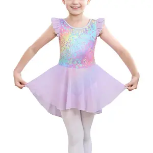 L-GCS064  Kids Girls Classic Ruffle Sleeve Tutu kirted Leotard Dress for Dance, Gymnastics and Ballet