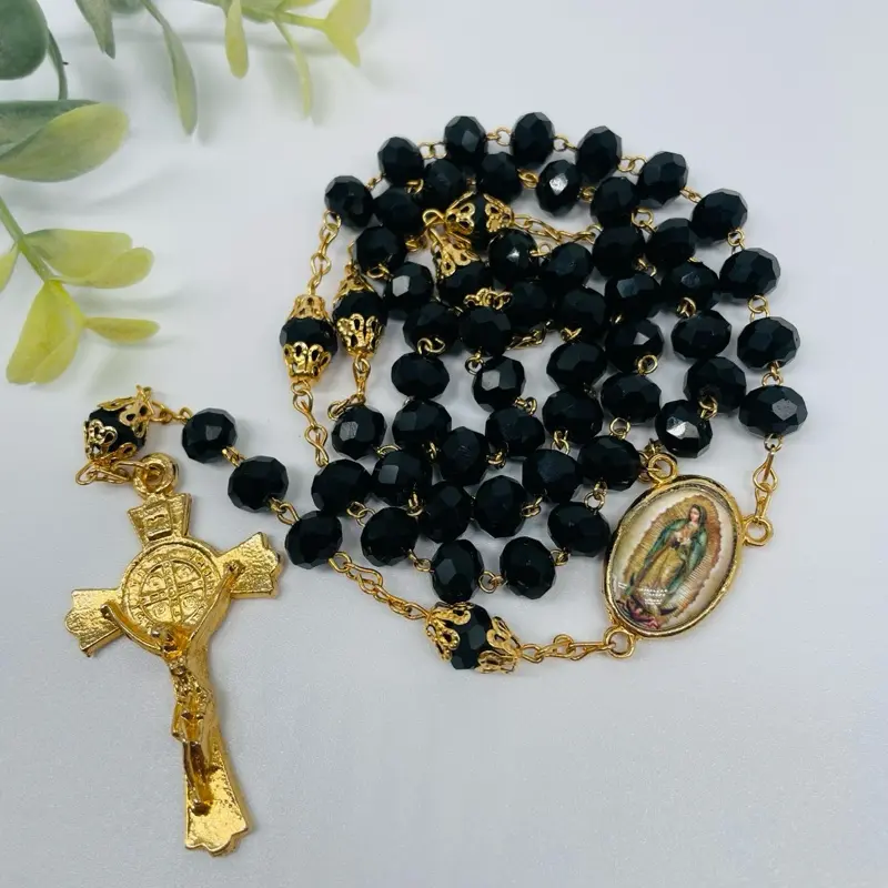 Our Lady of Guadalupe Catholic Crystal Rosary Black Beads Gold Pleated with Crucifix