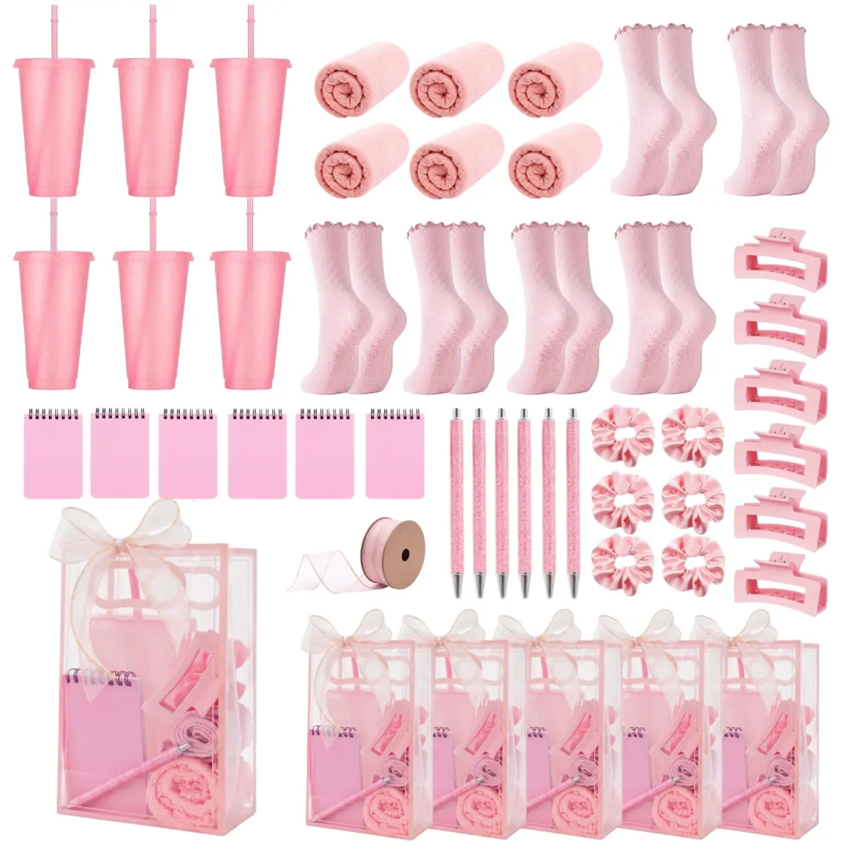 Women's Non-Slip Grip Socks 49-Pc Pilates Party Favors 6-Pack Plastic-Satin Set - 24oz Tumblers, Claw Clips, Scrunchies, 6 Soft Microfiber Towels, Spiral Notebooks, Glitter Pen, Ruffle Top for Bachelorette, Birthday Gift Baskets