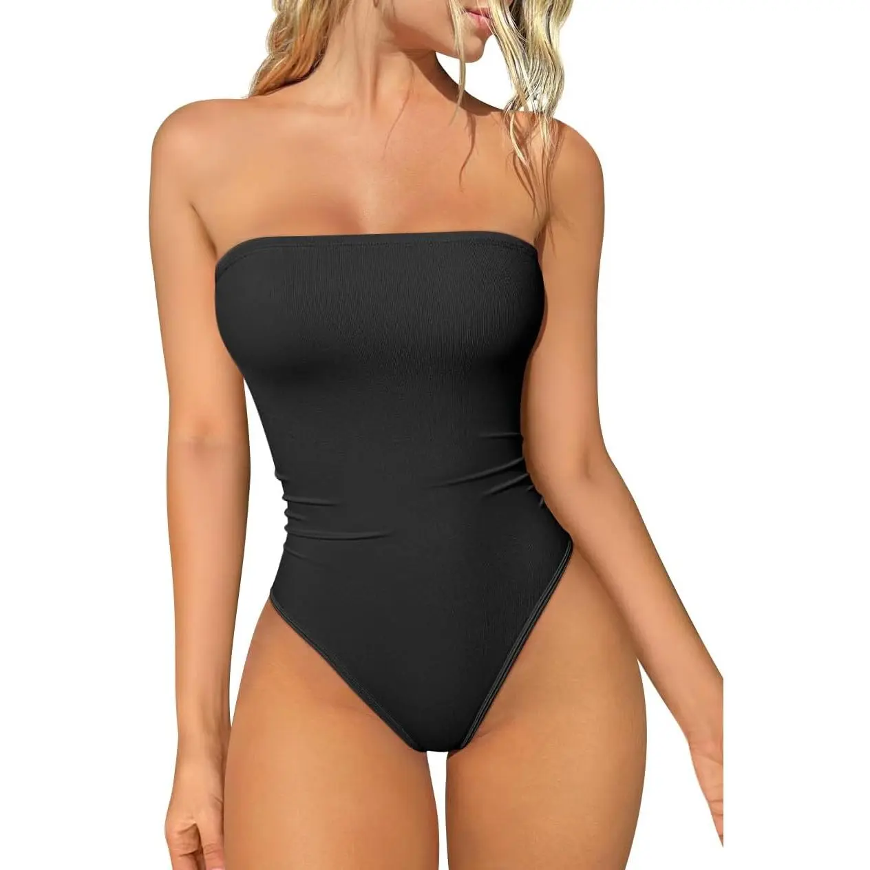 Womens Tube Bodysuits Strapless Basic Sleeveless Ruched Stretch Classic-Fit Tops Sexy Bodysuits Womenswear Beige Minimalist Bridal