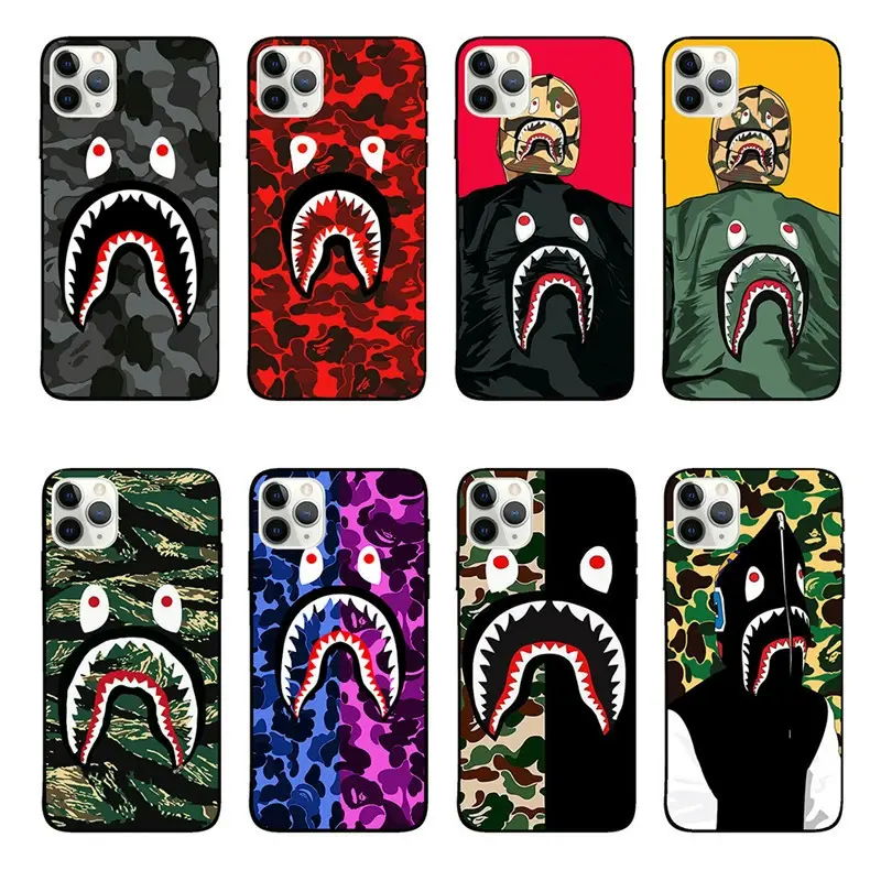 Glossy BAPE Shark Mouth Phone Case for Men, compatible with iPhone 14 Pro Max, 13, 15 and 17, shock-absorbent soft case			