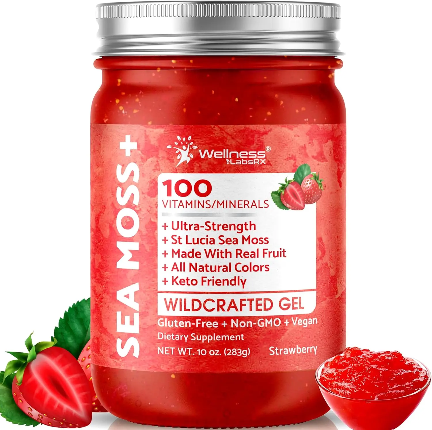 Wildcrafted Strawberry Sea Moss Gel, 10 oz - Caribbean Harvested Organic Irish Sea Moss Superfood for Immune, Thyroid & Digestive Support, 1 Pack