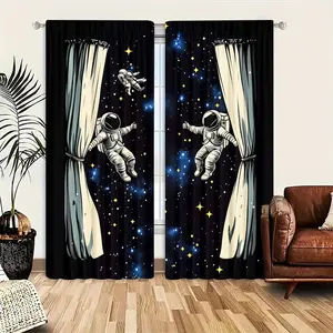 2pcs Creative Pattern Half-Blackout Curtains, Cute Cartoon Art Style, Suitable for Kitchen, Living Room, Bedroom, Bathroom, Game Room