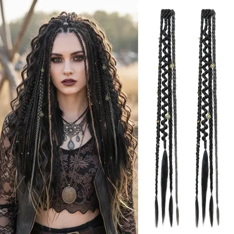 AISI HAIR Clip in Braid Hair Extensions 16/20" 2PCS Color Boho Dreadlocks Handmade Synthetic Braids with Beads & Charms Braided Hairpieces for Women, Boho Braiding Hair, Synthetic Fiber Braids