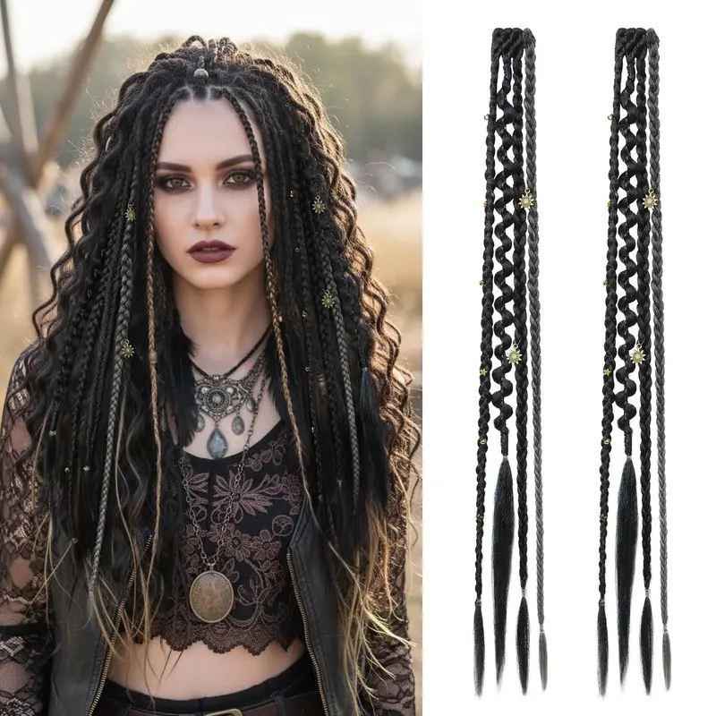 AISI HAIR Clip in Braid Hair Extensions 16/20" 2PCS Color Boho Dreadlocks Handmade Synthetic Braids with Beads & Charms Braided Hairpieces for Women, Boho Braiding Hair, Synthetic Fiber Braids