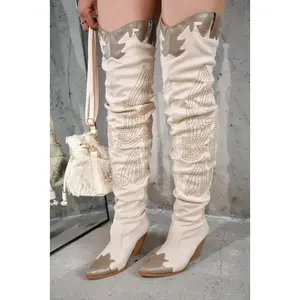 Icona Embroidery Thigh-High Cowboy Boots - Cream Girl Women Suede PU Crochet Thigh-High Walking Shoes with Lightly Cushioned Insole and Rubber Outsole Footwear