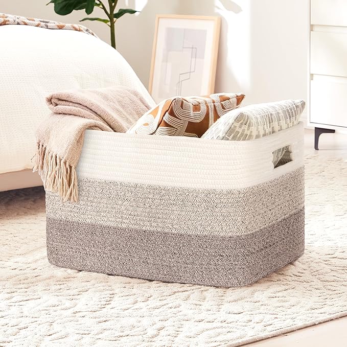 Large Blanket Basket, 21”X16”X12” Rectangle Woven Baskets Living Room Blanket Storage, With Handle Pillows, Blanket Organizing Area Dedicated Gradient Yellow Large Capacity Storage Basket