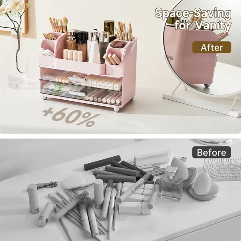 Large Capacity Makeup Organizer Box, Multifunctional Storage for Brushes, Lipsticks, Eyebrow Pencils, and Mirror, Perfect for Home and Travel Makeup Organization