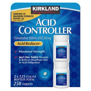 Kirkland Signature Acid Controller 20mg 250 Count Tablets Maximum Strength H2 Blocker for Heartburn Relief & Indigestion Prevention - Healthcare