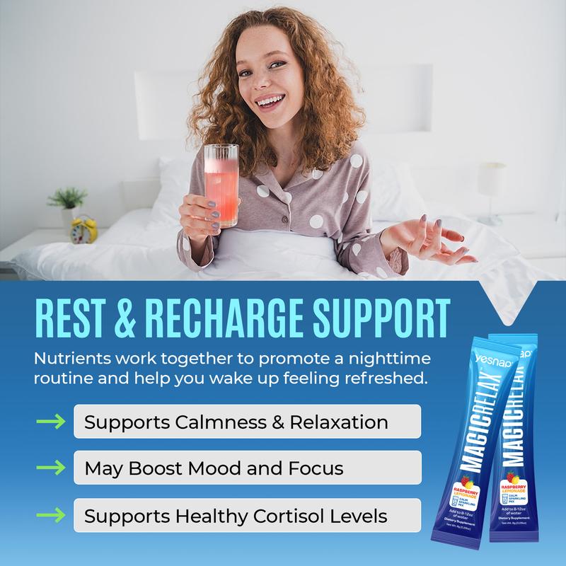 Yesnap MAGICRELAX Calming Sparking Mix with 8-in-1 Magnesium, KSM-66 Ashwagandha, Saffron, Vitamin D3, GABA & L-Theanine Supports Cortisol Balance Mood Sleep 30 Servings, No Sugar, Non GMO, Raspberry Lemonade Flavor